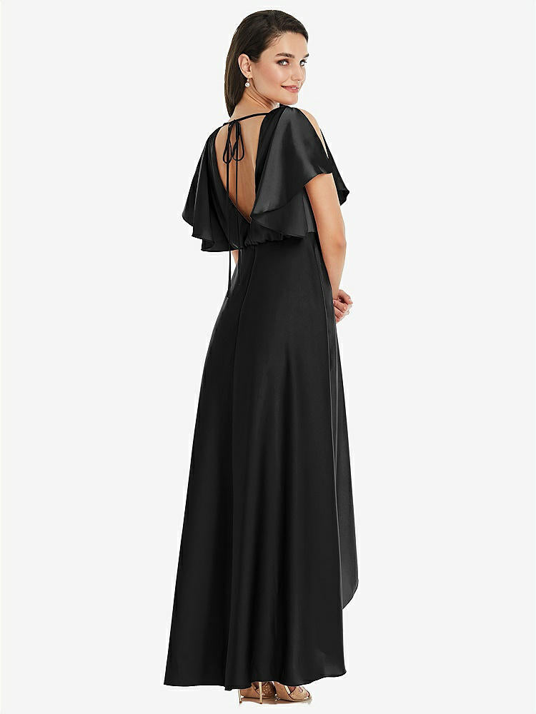 【STYLE: 3112】Blouson Bodice Deep V-Back High Low Dress with Flutter Sleeves【COLOR: Black】