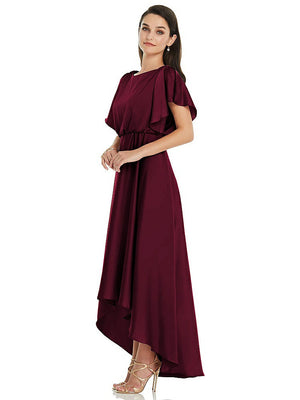 【NEW】【STYLE: 3112】Blouson Bodice Deep V-Back High Low ドレス 羽ばたき 袖【COLOR: Cabernet】【SIZE: 00-30W】