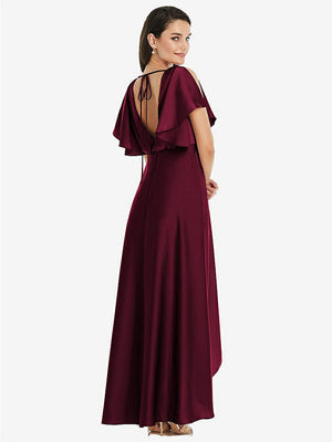 【NEW】【STYLE: 3112】Blouson Bodice Deep V-Back High Low ドレス 羽ばたき 袖【COLOR: Cabernet】【SIZE: 00-30W】