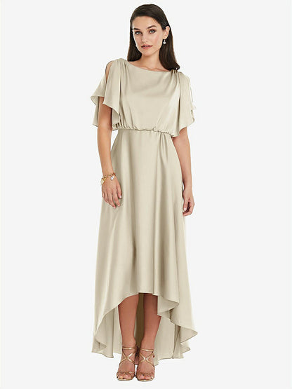 【NEW】【STYLE: 3112】Blouson Bodice Deep V-Back High Low ドレス 羽ばたき 袖【COLOR: Champagne】【SIZE: 00-30W】