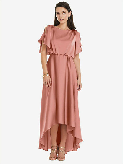 【NEW】【STYLE: 3112】Blouson Bodice Deep V-Back High Low ドレス 羽ばたき 袖【COLOR: Desert Rose】【SIZE: 00-30W】