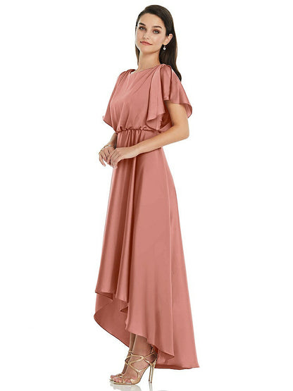 【NEW】【STYLE: 3112】Blouson Bodice Deep V-Back High Low ドレス 羽ばたき 袖【COLOR: Desert Rose】【SIZE: 00-30W】
