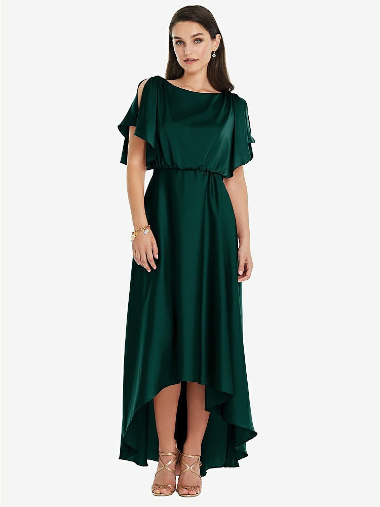 【STYLE: 3112】Blouson Bodice Deep V-Back High Low Dress with Flutter Sleeves【COLOR: Evergreen】