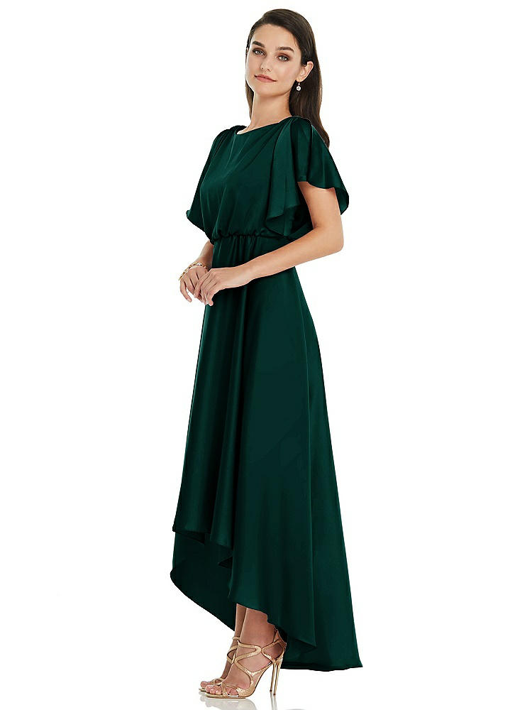 【STYLE: 3112】Blouson Bodice Deep V-Back High Low Dress with Flutter Sleeves【COLOR: Evergreen】