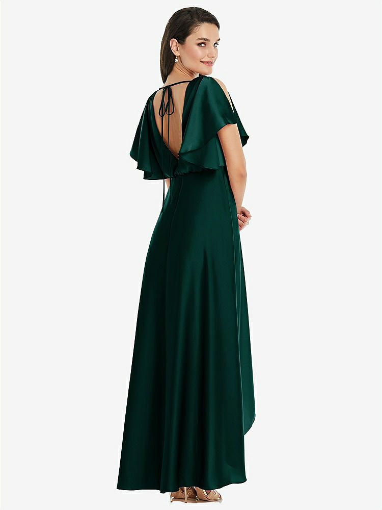 【STYLE: 3112】Blouson Bodice Deep V-Back High Low Dress with Flutter Sleeves【COLOR: Evergreen】