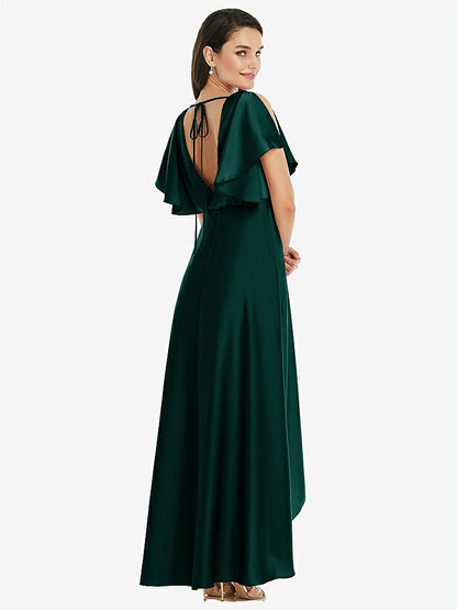 【STYLE: 3112】Blouson Bodice Deep V-Back High Low Dress with Flutter Sleeves【COLOR: Evergreen】