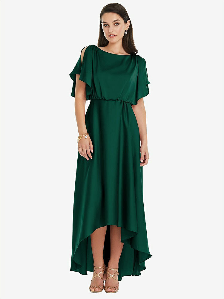 【STYLE: 3112】Blouson Bodice Deep V-Back High Low Dress with Flutter Sleeves【COLOR: Hunter Green】