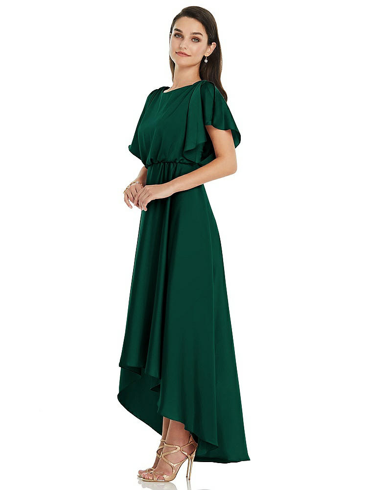 【STYLE: 3112】Blouson Bodice Deep V-Back High Low Dress with Flutter Sleeves【COLOR: Hunter Green】
