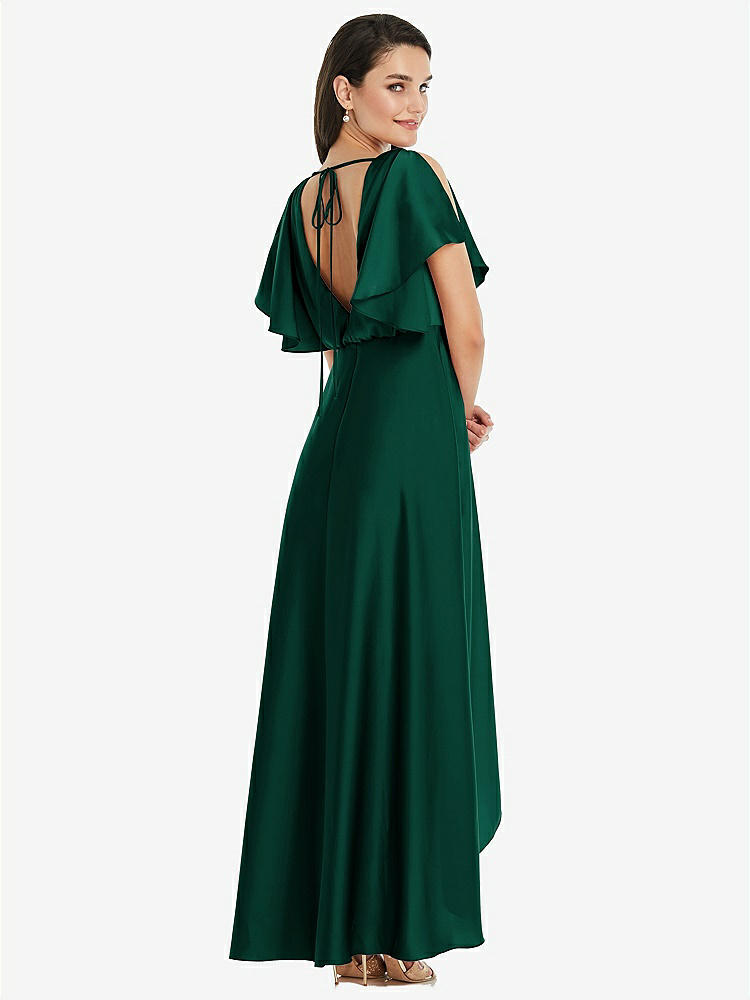 【STYLE: 3112】Blouson Bodice Deep V-Back High Low Dress with Flutter Sleeves【COLOR: Hunter Green】