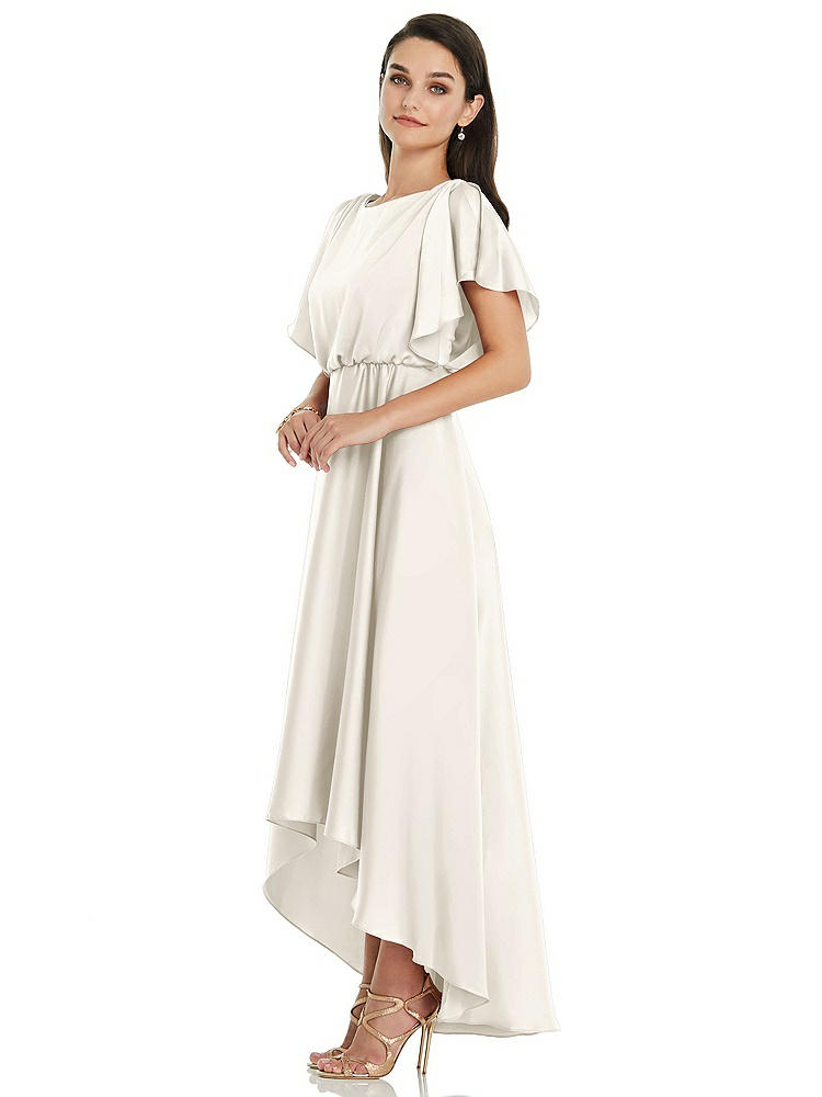 【STYLE: 3112】Blouson Bodice Deep V-Back High Low Dress with Flutter Sleeves【COLOR: Ivory】