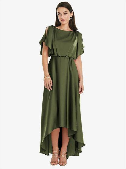 【STYLE: 3112】Blouson Bodice Deep V-Back High Low Dress with Flutter Sleeves【COLOR: Olive Green】