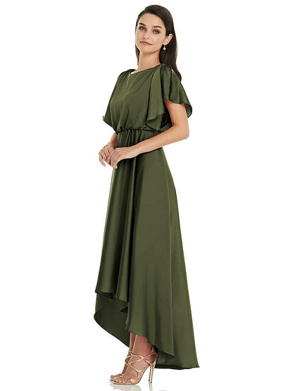 【STYLE: 3112】Blouson Bodice Deep V-Back High Low Dress with Flutter Sleeves【COLOR: Olive Green】