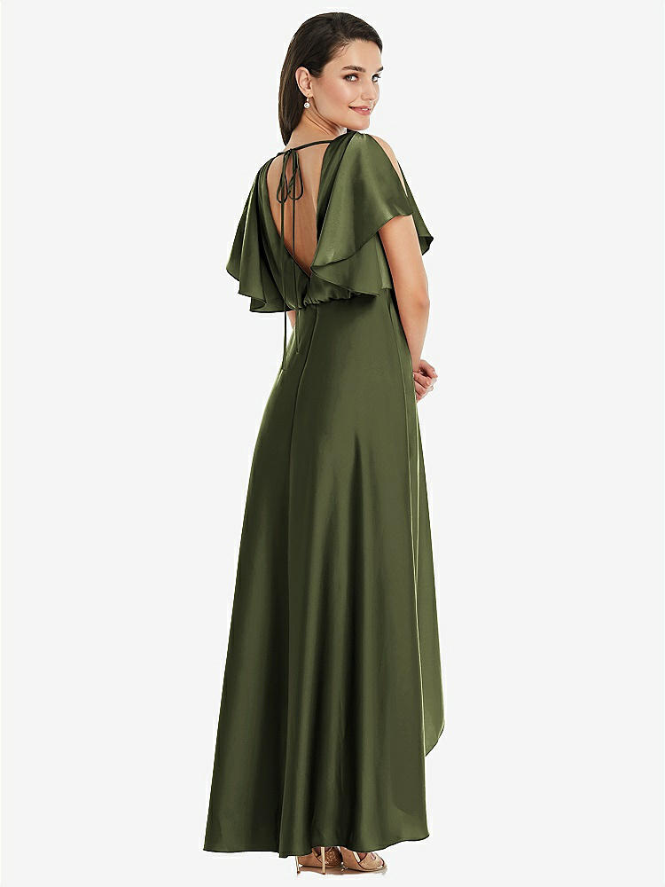 【STYLE: 3112】Blouson Bodice Deep V-Back High Low Dress with Flutter Sleeves【COLOR: Olive Green】