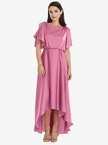 【NEW】【STYLE: 3112】Blouson Bodice Deep V-Back High Low ドレス 羽ばたき 袖【COLOR: Orchid Pink】【SIZE: 00-30W】