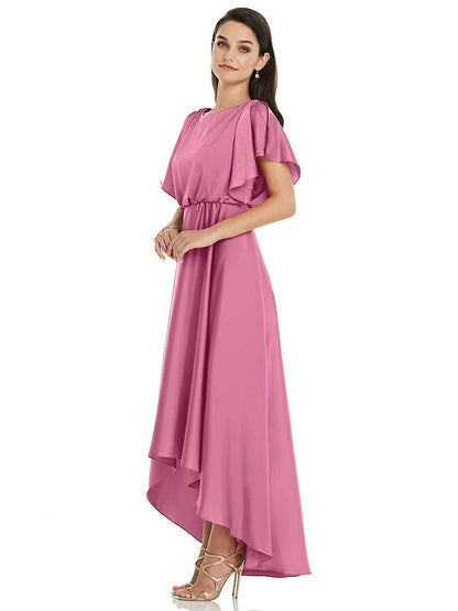 【NEW】【STYLE: 3112】Blouson Bodice Deep V-Back High Low ドレス 羽ばたき 袖【COLOR: Orchid Pink】【SIZE: 00-30W】