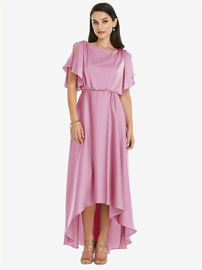 【NEW】【STYLE: 3112】Blouson Bodice Deep V-Back High Low ドレス 羽ばたき 袖【COLOR: Powder Pink】【SIZE: 00-30W】