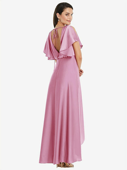 【NEW】【STYLE: 3112】Blouson Bodice Deep V-Back High Low ドレス 羽ばたき 袖【COLOR: Powder Pink】【SIZE: 00-30W】