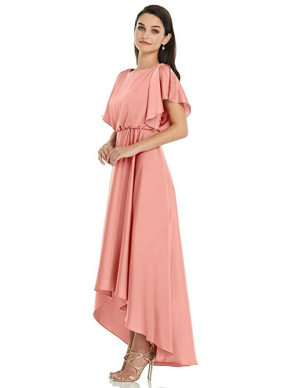 【NEW】【STYLE: 3112】Blouson Bodice Deep V-Back High Low ドレス 羽ばたき 袖【COLOR: Rose - PANTONE Rose Quartz】【SIZE: 00-30W】