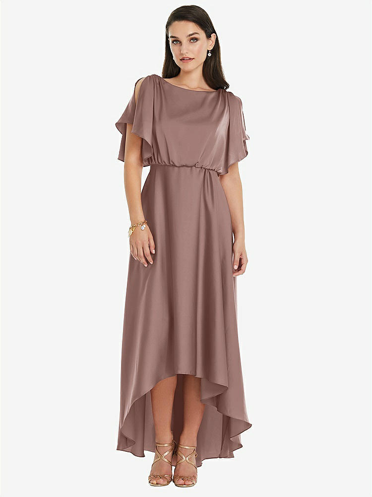 【STYLE: 3112】Blouson Bodice Deep V-Back High Low Dress with Flutter Sleeves【COLOR: Sienna】
