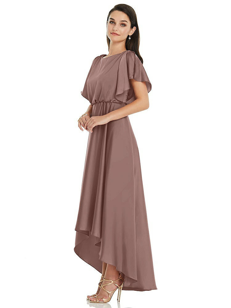 【STYLE: 3112】Blouson Bodice Deep V-Back High Low Dress with Flutter Sleeves【COLOR: Sienna】