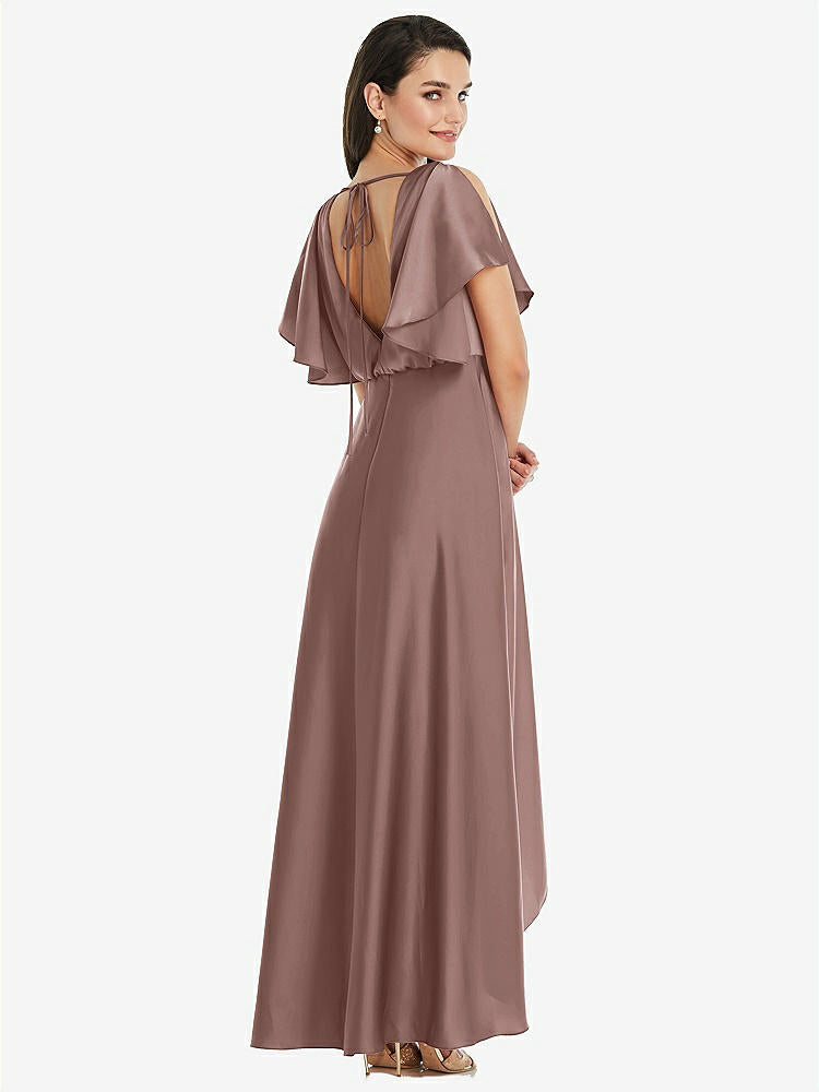【STYLE: 3112】Blouson Bodice Deep V-Back High Low Dress with Flutter Sleeves【COLOR: Sienna】