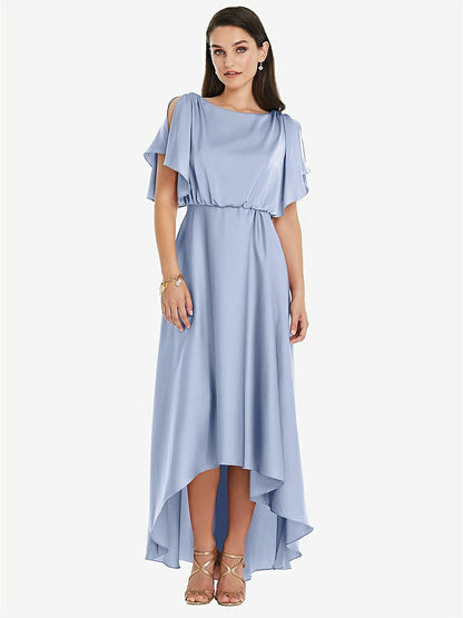 【NEW】【STYLE: 3112】Blouson Bodice Deep V-Back High Low ドレス 羽ばたき 袖【COLOR: Sky Blue】【SIZE: 00-30W】