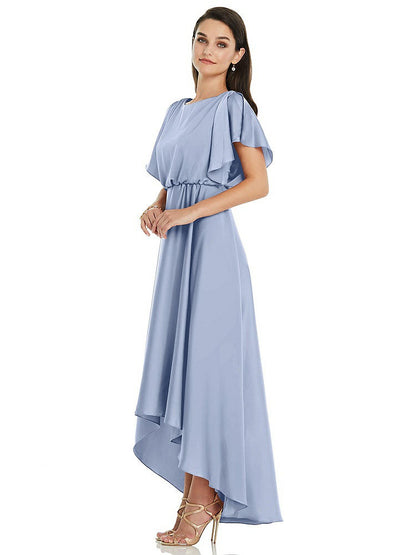 【NEW】【STYLE: 3112】Blouson Bodice Deep V-Back High Low ドレス 羽ばたき 袖【COLOR: Sky Blue】【SIZE: 00-30W】