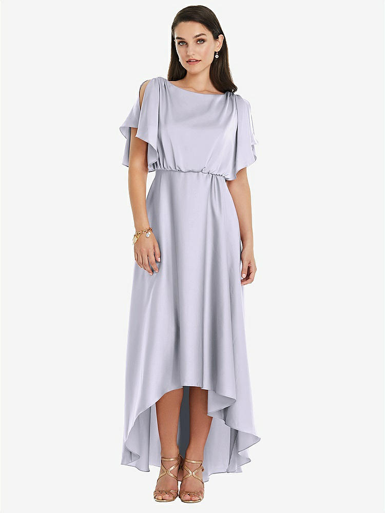 【STYLE: 3112】Blouson Bodice Deep V-Back High Low Dress with Flutter Sleeves【COLOR: Silver Dove】