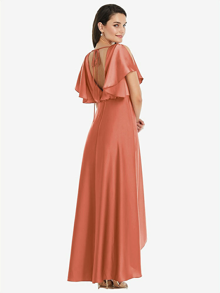 【STYLE: 3112】Blouson Bodice Deep V-Back High Low Dress with Flutter Sleeves【COLOR: Terracotta Copper】