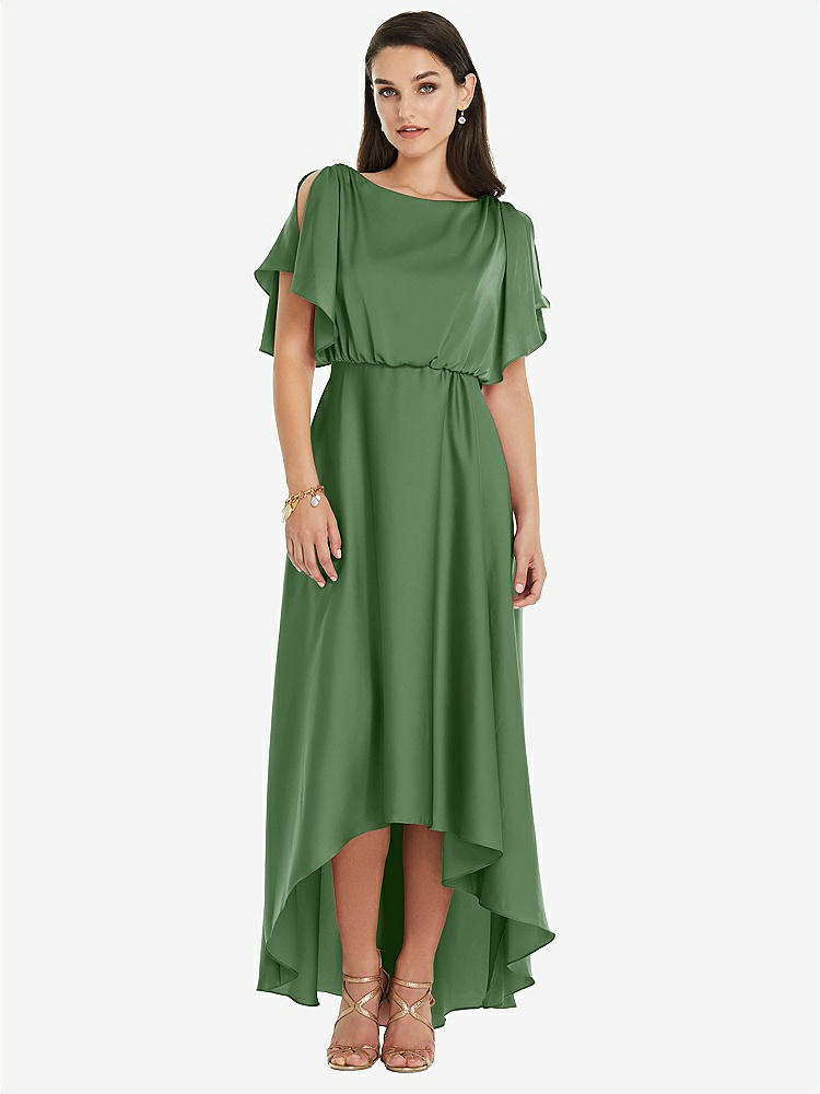 【STYLE: 3112】Blouson Bodice Deep V-Back High Low Dress with Flutter Sleeves【COLOR: Vineyard Green】