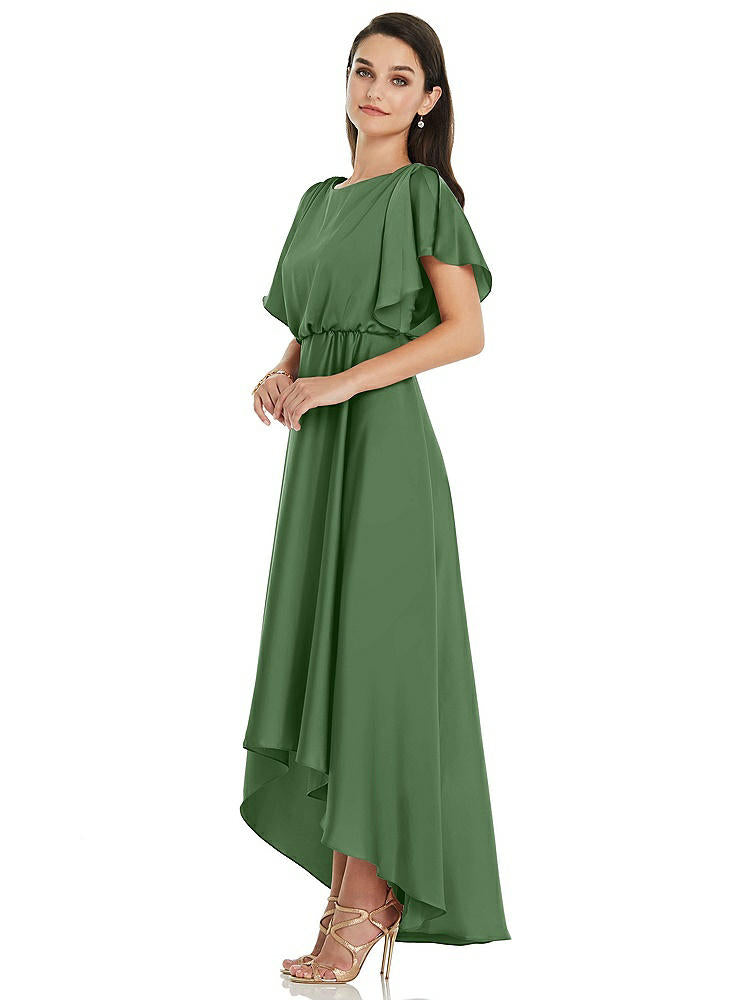 【STYLE: 3112】Blouson Bodice Deep V-Back High Low Dress with Flutter Sleeves【COLOR: Vineyard Green】
