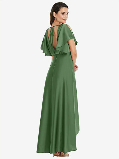 【STYLE: 3112】Blouson Bodice Deep V-Back High Low Dress with Flutter Sleeves【COLOR: Vineyard Green】
