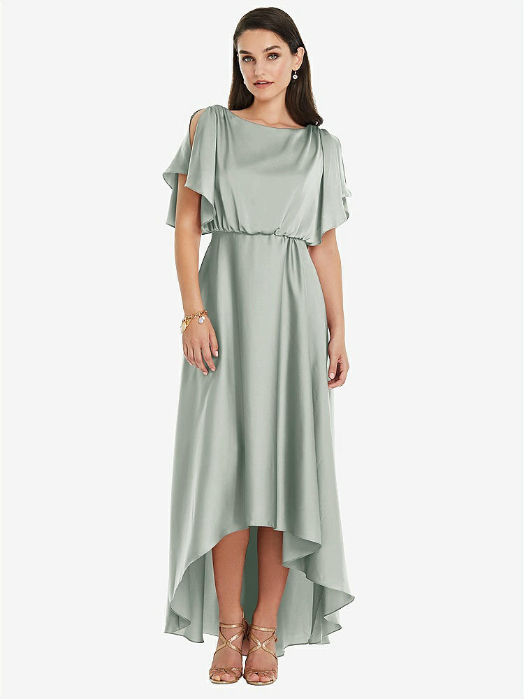 【STYLE: 3112】Blouson Bodice Deep V-Back High Low Dress with Flutter Sleeves【COLOR: Willow Green】
