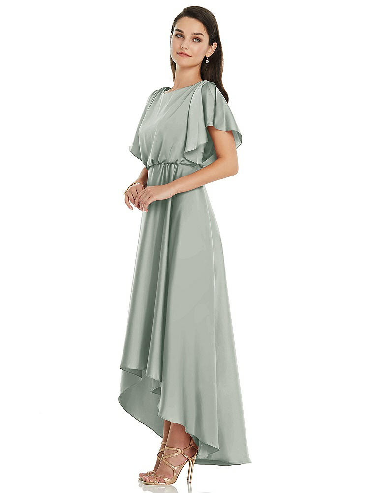 【STYLE: 3112】Blouson Bodice Deep V-Back High Low Dress with Flutter Sleeves【COLOR: Willow Green】