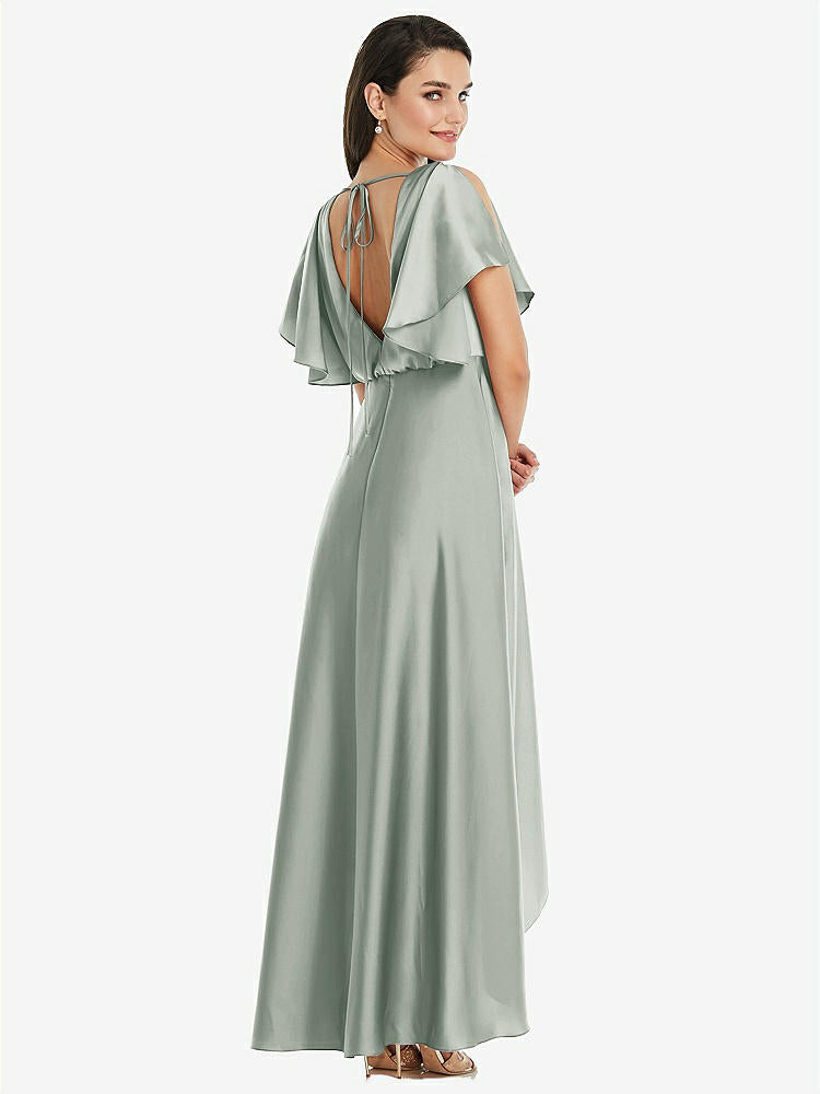 【STYLE: 3112】Blouson Bodice Deep V-Back High Low Dress with Flutter Sleeves【COLOR: Willow Green】
