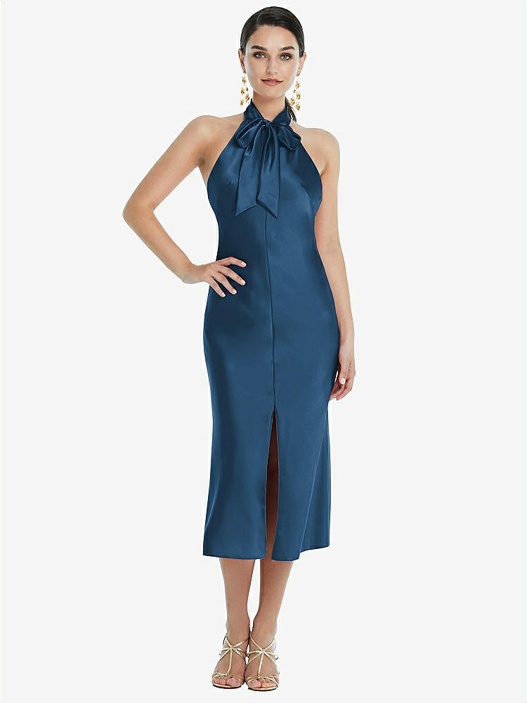 【STYLE: LB038】Scarf Tie Stand Collar Midi Bias Dress with Front Slit【COLOR: Dusk Blue】