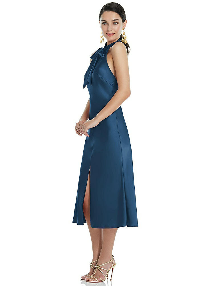 【NEW】【STYLE: LB038】スカーフ ネクタイ スタンド 襟 MIDI バイアス ドレス 前面 スリット【COLOR: Dusk Blue】【SIZE: 00-30W】
