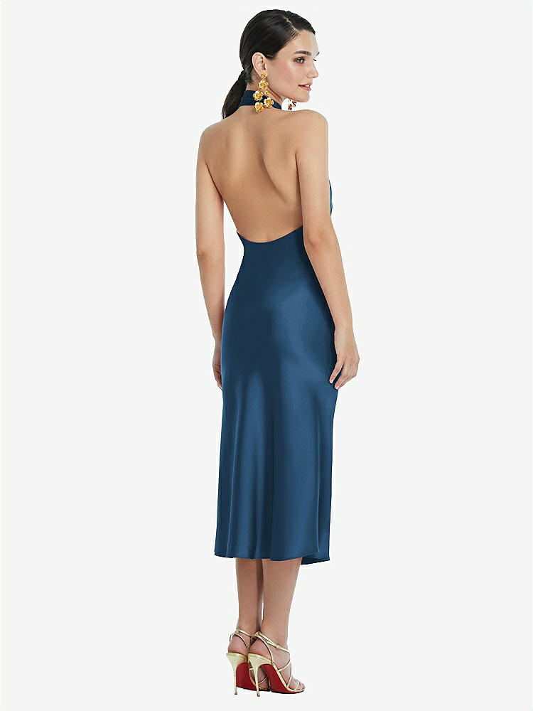 【STYLE: LB038】Scarf Tie Stand Collar Midi Bias Dress with Front Slit【COLOR: Dusk Blue】