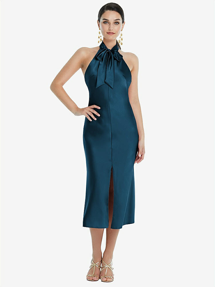 【STYLE: LB038】Scarf Tie Stand Collar Midi Bias Dress with Front Slit【COLOR: Atlantic Blue】
