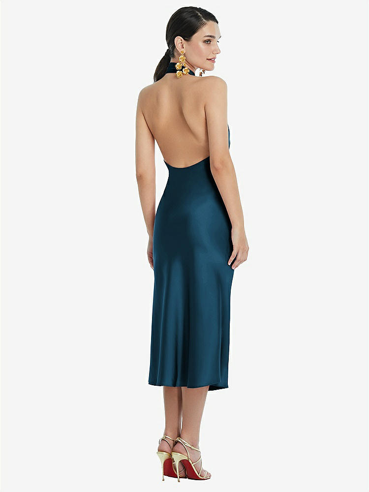 【STYLE: LB038】Scarf Tie Stand Collar Midi Bias Dress with Front Slit【COLOR: Atlantic Blue】