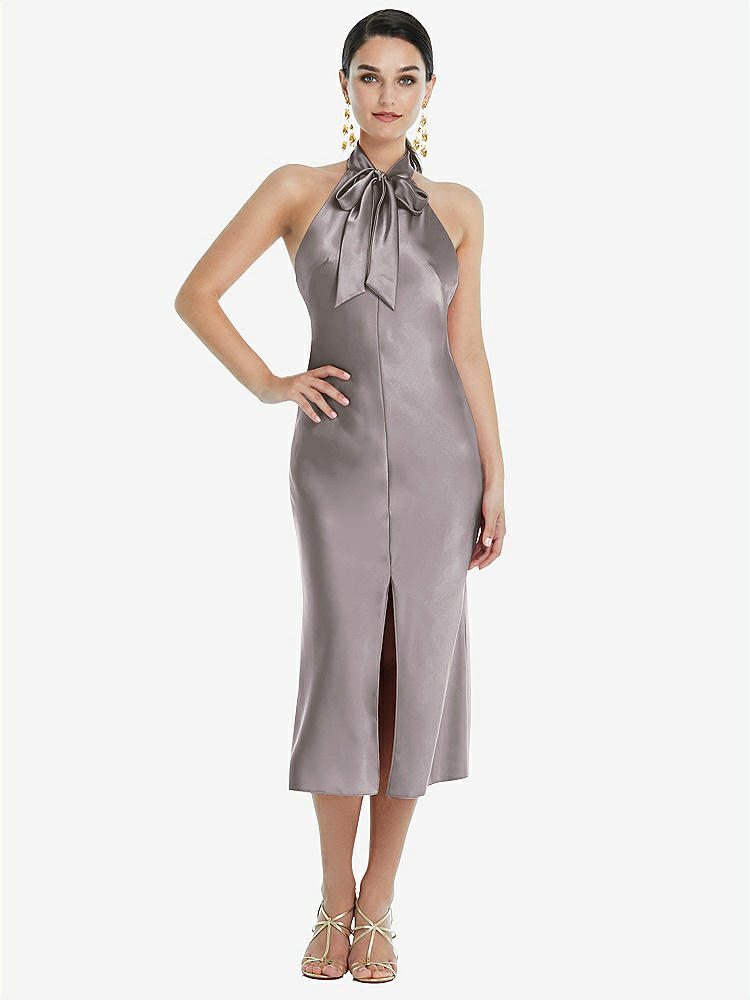 【NEW】【STYLE: LB038】スカーフ ネクタイ スタンド 襟 MIDI バイアス ドレス 前面 スリット【COLOR: Cashmere Gray】【SIZE: 00-30W】