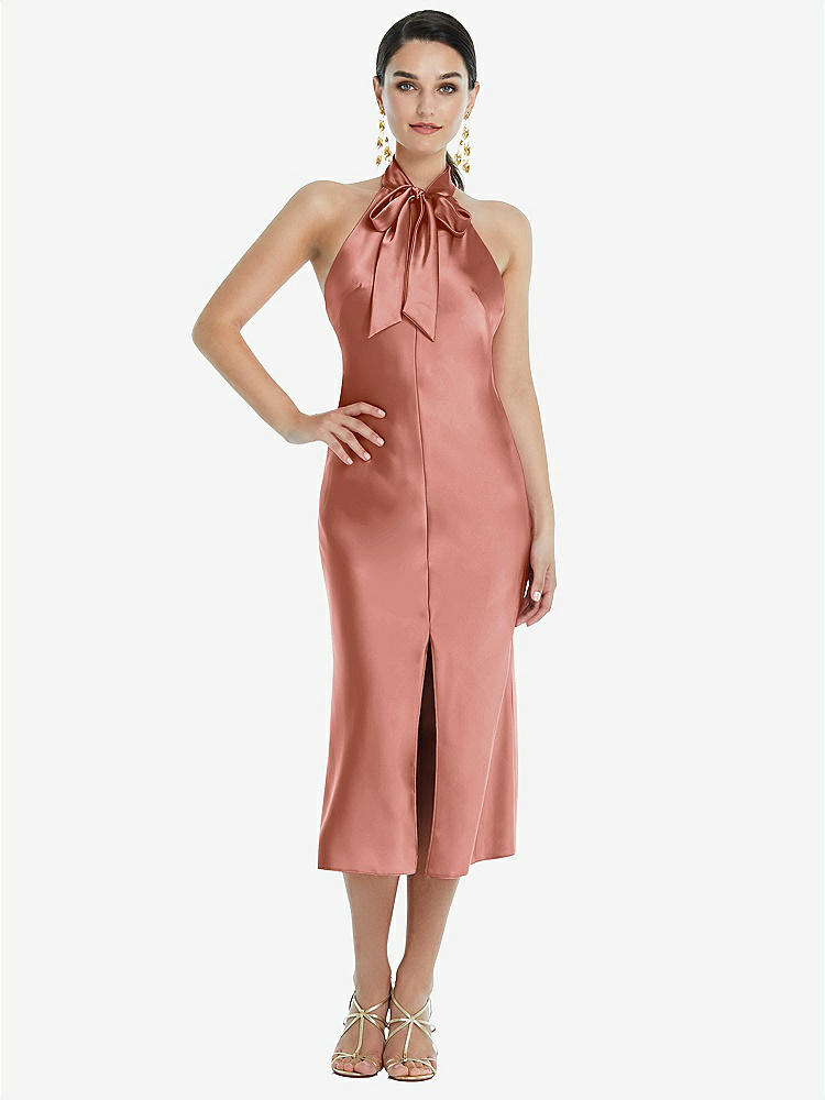 【NEW】【STYLE: LB038】スカーフ ネクタイ スタンド 襟 MIDI バイアス ドレス 前面 スリット【COLOR: Desert Rose】【SIZE: 00-30W】