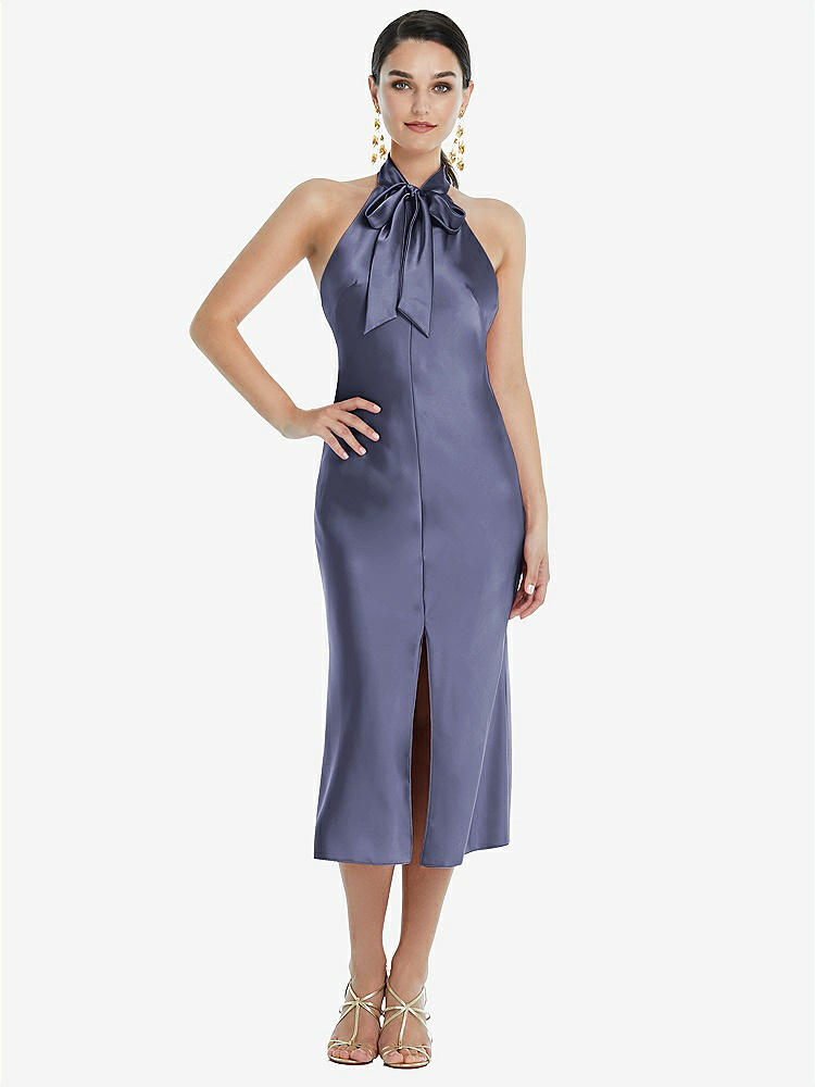 【STYLE: LB038】Scarf Tie Stand Collar Midi Bias Dress with Front Slit【COLOR: French Blue】