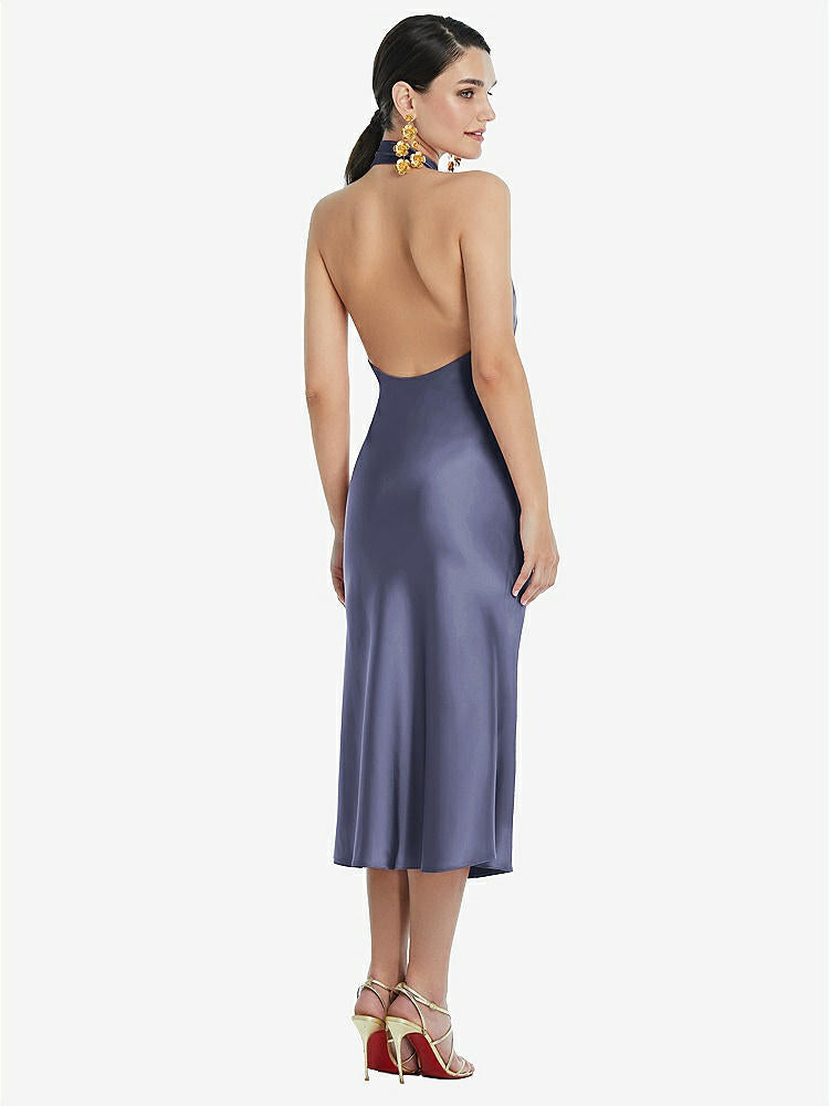 【STYLE: LB038】Scarf Tie Stand Collar Midi Bias Dress with Front Slit【COLOR: French Blue】