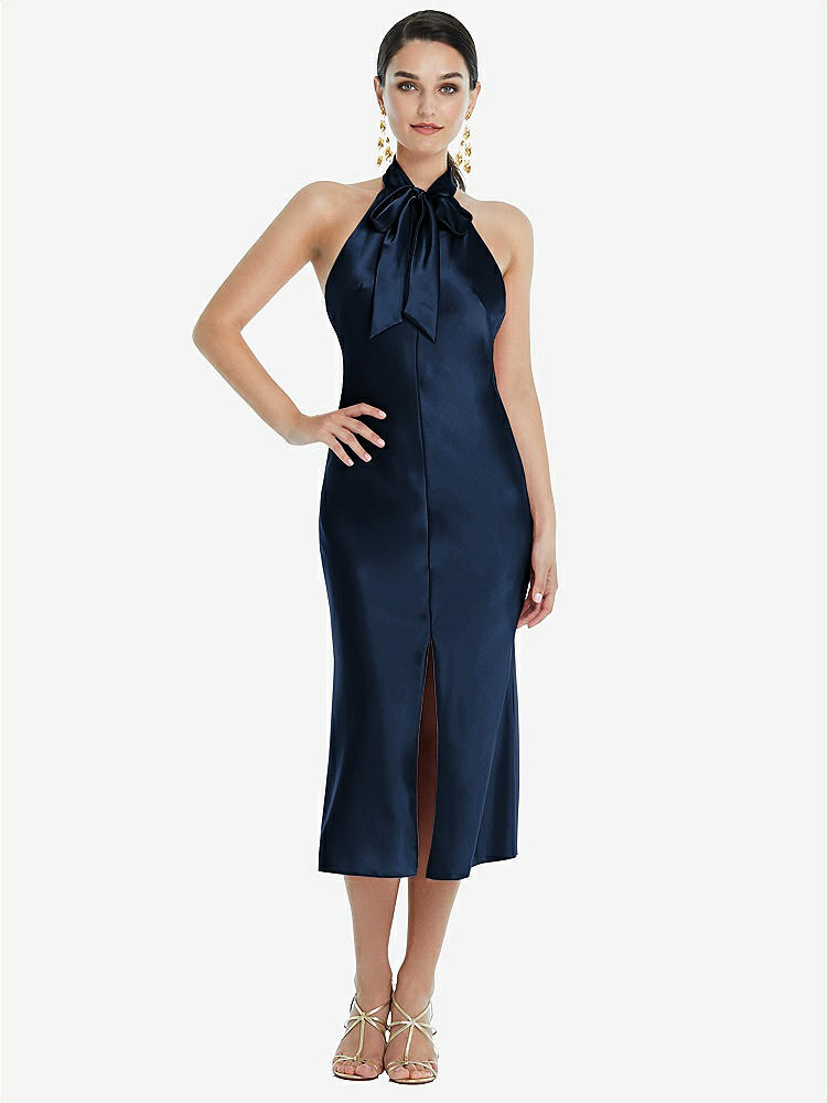 【STYLE: LB038】Scarf Tie Stand Collar Midi Bias Dress with Front Slit【COLOR: Midnight Navy】