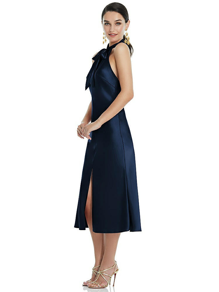 【NEW】【STYLE: LB038】スカーフ ネクタイ スタンド 襟 MIDI バイアス ドレス 前面 スリット【COLOR: Midnight Navy】【SIZE: 00-30W】