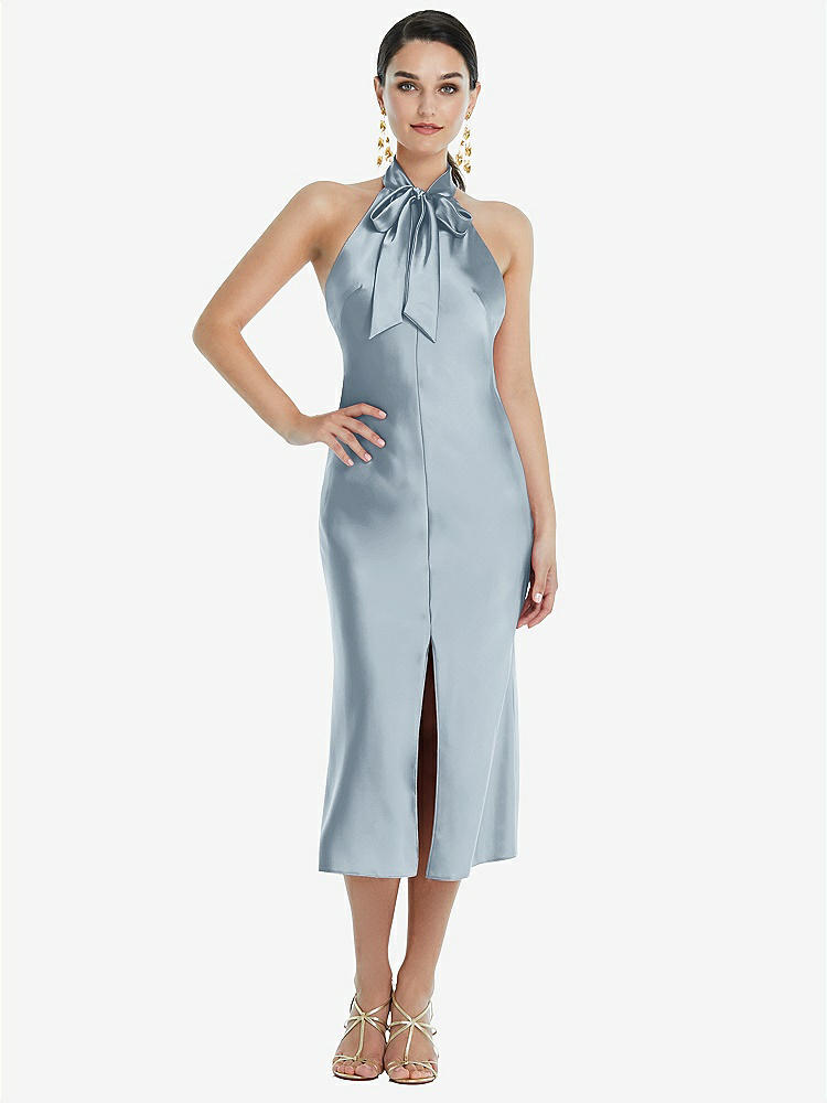 【STYLE: LB038】Scarf Tie Stand Collar Midi Bias Dress with Front Slit【COLOR: Mist】
