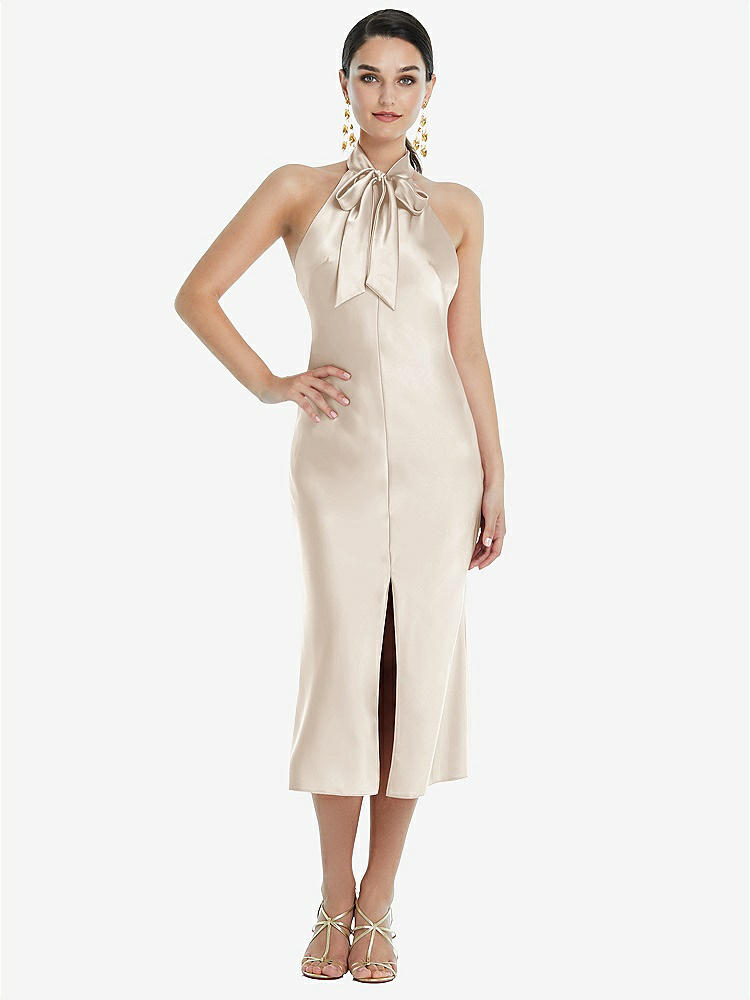 【STYLE: LB038】Scarf Tie Stand Collar Midi Bias Dress with Front Slit【COLOR: Oat】