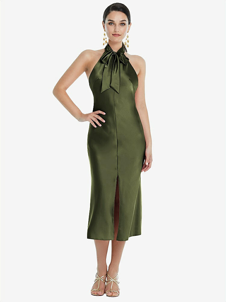 【NEW】【STYLE: LB038】スカーフ ネクタイ スタンド 襟 MIDI バイアス ドレス 前面 スリット【COLOR: Olive Green】【SIZE: 00-30W】