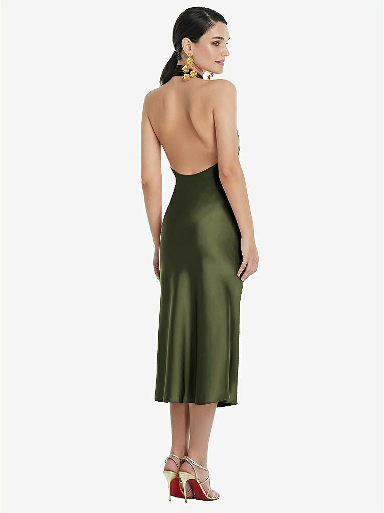 【NEW】【STYLE: LB038】スカーフ ネクタイ スタンド 襟 MIDI バイアス ドレス 前面 スリット【COLOR: Olive Green】【SIZE: 00-30W】